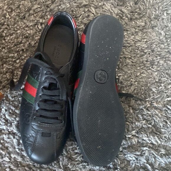 GUCCI Guccissima Black Leather, Web Ace Sneakers Low Top. Size 35 1/2. … - Picture 7 of 10
